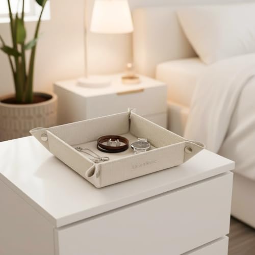 UnionBasic Small Valet Tray, Jewelry Tray for Rings Watches Earrings, Entryway Catchall Caddy for Coins Keys Change, Nightstand Bedside Valet Holder, Trays for Electronic Gadgets, Beige - color: Beige, size: 5.4" x 5.4" x 1.6"