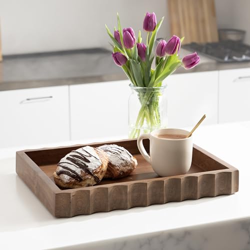 Kate and Laurel Lissi Decorative Rectangle Tray with Wavy Design; 16 x 12; Walnut Brown; Mid-Century Modern Scalloped Serving Tray for Coffee Table Ottoman; Dining Table; or Entryway Catch-All Tray - color: Walnut Brown