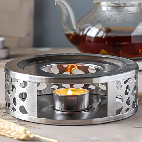 4 PCS Teapot Warmer, Stainless Steel Teapot Warmer, Metal Teapot Heater with Tealight Candle Holder, Brushed Coffee Tea Warmer Base for Glass or Ceramic Teapot, Silver