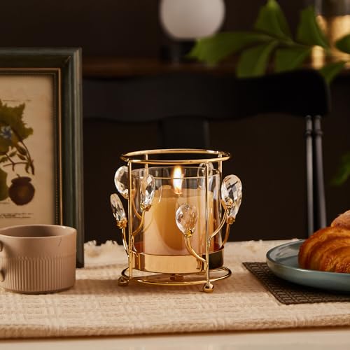 Hurricane Candle Holder, Gold Pillar with Crystal Accents & Windproof Glass Lid - Elegant Centerpiece for Weddings, Dinners, Party Decor - size: Large