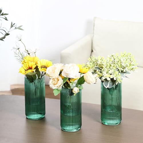 Green Glass Vases, Flower Vases Set of 3, Ribbed Glass Vase for Tulips, Tall Cylinder Glass Vases for Living Room, Bedroom, Dining Table, Office, Wedding, Bookshelf Decoration, 8 Inches - color: Green, size: 8'' X 3Pack