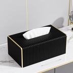 Tissue Box Cover,Black Rectangle PU Leather Tissue Holder with Gold-Tone Edging Accents,Tissue Box Cover for Bathroom Toilet Bedroom Living Room Table Desk Office,Countertop - color: Black, size: Rectangle Standard
