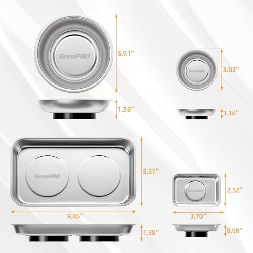 GRENPRO Magnetic Tray 4-Pack | Stainless Steel Magnetic Parts Trays | 3 Inch, 6 Inch, Square & Shallow Tray Set - style: Assorted (Round, Square, Shallow)