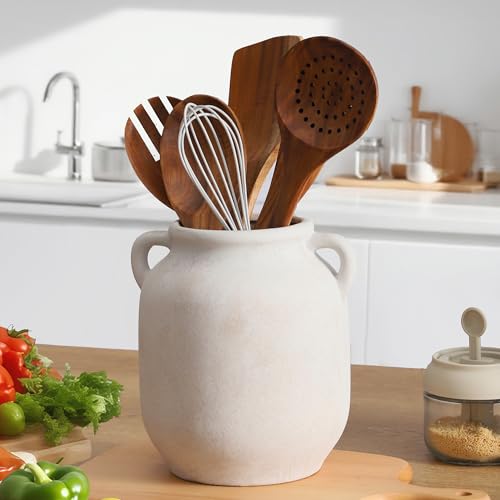 Ceramic Flower Vase Home Decor - 7.6 Inch Farmhouse Rustic White Table Vases with Handle Living Room Decoration Decorative Vintage Pottery for Kitchen Shelf Coffee Dining Desk Bookshelf Fireplace - color: 7.6" Rustic