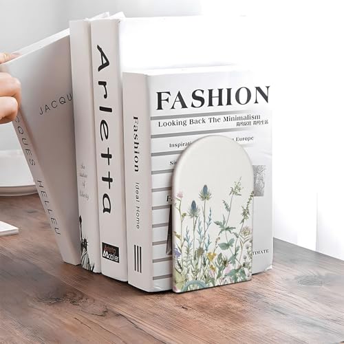 Decorative Bookends 2 Pcs Wildflowers Leaves Wood Bookends for Shelves Heavy Books Kids Non-Skid Book Ends Stoppers for Office Desk Kitchen School - color: Wildflowers Leaves