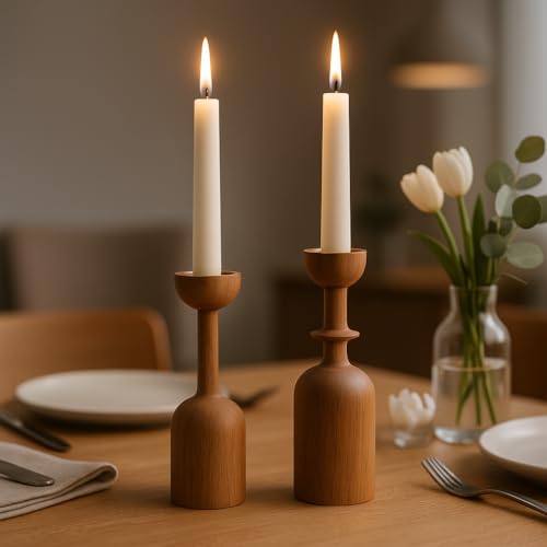 Wooden Taper Candle Holder Set of 2 - Modern Minimalist Natural Wood Candlestick Holders Fits 7/8” Taper Candles - Scandinavian Japandi Boho Farmhouse Décor for Dining Table Mantel Living Room