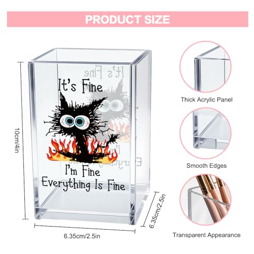 It's Fine I'm Fine Acrylic Cosmetic Pencil Pen Holder Cup, Funny Black Cat Pen Holder Cup, Cat Lover Gift for Women Men, Office Sarcastic Gifts for Women Men Colleague Boss - style: It's Fine