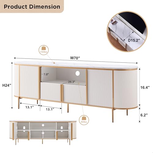 OKD Luxury 70" Fluted TV Stand, Modern Chic Entertainment Center for TVs Up to 80 inches, TV Console with Faux Marble Top, Curved Profile Design, Media Console for Living Room, Off White - color: Off White, size: 70" TV Stand without Fireplace