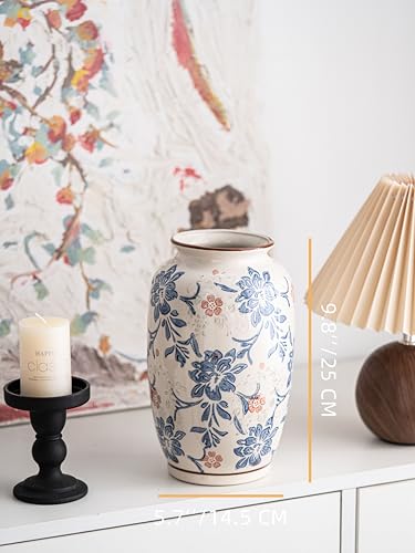 Blue and White Vase, Vintage Blue Ceramic Flower Vessel,Ceramic vases for Home Decor,Vintage Vase for Home Decor, Living Room, Shelf, Office, Rustic Table Centerpiece (Blue and white-02, Large) - color: Blue and White-02, size: Large