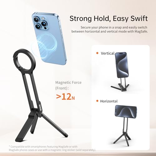 ULANZI MA30 Magnetic Phone Tripod Stand for iPhone - Aluminium Maglock Smartphone Mini Tripod Pocket Cell Phone Stand Strong Magnet Quick Mount Compatible with iPhone 17 16 15 14 13 12 Series, Black - color: Black