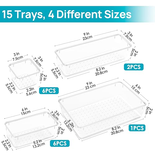 Vtopmart 15 PCS Clear Plastic Drawer Organizers Set, 4-Size Versatile Bathroom and Vanity Organizer Trays, Non-Slip Storage Containers for Makeup, Jewelries, Bedroom，Kitchen Utensils and Office - style: 15 PCS