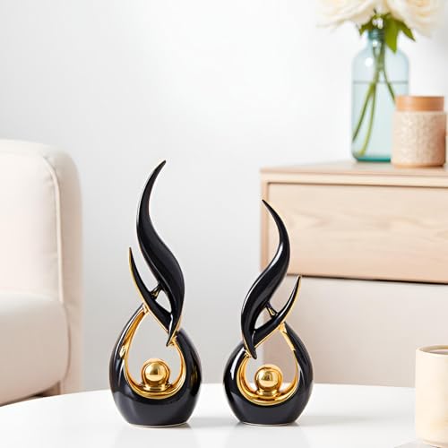 XMGZQ Gold Ceramic Abstract 2 Piece Statue Set,Mid Century Modern Abstract Art Home Decor Statue Mantelpiece on Unique Shelf Decor, TV Cabinet Divider Table top and Dining Table Centerpiece (Black) - color: Black