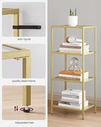 VASAGLE Bookcase, 4-Tier Bookshelf, Slim Shelving Unit for Bedroom, Bathroom, Home Office, Tempered Glass, Steel Frame, Metallic Gold ULGT28G - color: Metallic Gold, size: 4 Tiers (15.7"W x 37.4"H)