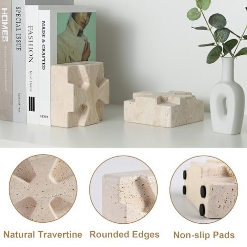 Decorative Square Marble Bookends for Heavy Books – Unique Book Ends for Shelves – Modern Aesthetic Book Holder/Stopper with Non-Slip Pads for Chic Home, Office, or Library Decor(Travertino Turkey) - style: Square-Beige