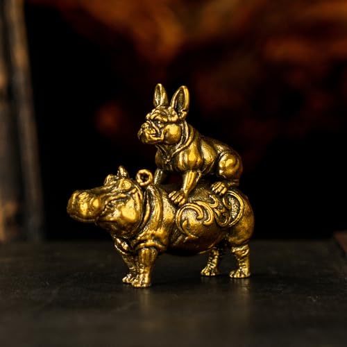 CHOVY Whimsical Brass Animal Sculpture - French Bulldog on Hippo Figurine, Solid Metal Handmade Vintage Collectible, Unique Desk Curio for Office, Shelf Display & Humorous Gift for Pet Lovers - color: Hippo and French Bulldog