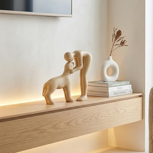Dog Sculpture & Man Statue - Cute Home Decor Accents, Sandstone Dog Decor for Shelf, Office & Living Room, Thoughtful Memorial Gift for Pet Lovers