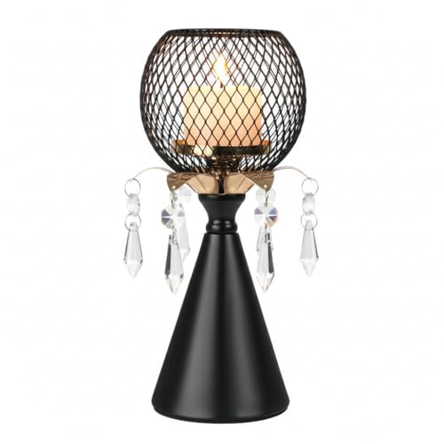 Black Metal Mesh Candle Holder with Crystal Pendants, 9.0" Decorative Pedestal Design, Candlestick with Diamond Globe Centerpiece for Holiday&Valentine's Day&Home Decor, Matte Finish, 1 Pack - color: Black