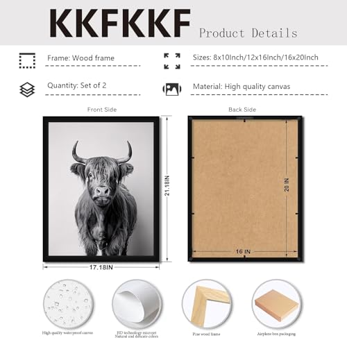 Highland Cow Bathroom Wall Art Set of 2 Framed Canvas Prints Funny Farm Animal Bathtub Artwork Black and White Rustic Modern Wall Decor Pictures with Solid Wood Frame & Acrylic Cover Cute wall decor 12X16IN - color: Highland Cow, size: 16"L x 12"W