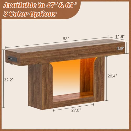 Homieasy Console Table, 63" Entryway Table with LED Lights & Charging Station, Farmhouse Wooden Sofa Table Behind Couch, Narrow Hallway Table for Living Room, Foyer, Entry, Rustic Oak - color: Rustic Oak, size: 63"
