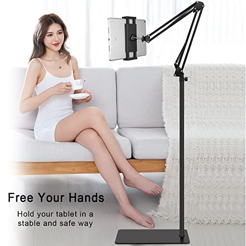 Tablet Floor Stand with Double Weight Base,Overhead Bed Phone Stand Height Adjustable/ Arm Stretchable Tablet Holder, Compatible with 4.5''-13'' iPhone, iPad, Galaxy Tab, Kindle, or Other Phones