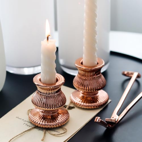 WDHODEC Pink Gold Candlestick Holders 12PCS Glass Taper Candle Holders for Table Centerpiece Colorful Candle Sticks for Spring Wedding, Party and Festival Decoration - color: Pink&gold