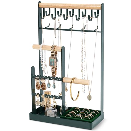 ProCase Jewelry Stand Holder Organizer, 5-Tier Necklace Holder with Ring Tray, 15 Hooks Necklaces Hanging Small Jewelry Display Storage Tower Tree for Bracelets Earrings Watches -Large, Green - color: Green, size: 13.4" Height