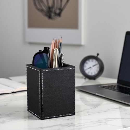 KINGFOM PU Leather Square Pens Pencils Holder Cup Desktop Stationery Organizer Case Office Accessories Container Box (black) - color: Black-s