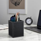 KINGFOM PU Leather Square Pens Pencils Holder Cup Desktop Stationery Organizer Case Office Accessories Container Box (black) - color: Black-s
