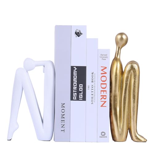 Modern Decorative Bookends,Gold and White Book Ends for Heavy Books, Thinker Statue Decor,Book Holders for Book Shelves,Unique Office Desk Decorations, Modern Bookshelf Decoration - color: White and Gold