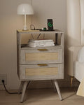JOONEE Rattan Nightstand with Charging Station,Farmhouse Bedside Table with 2 Storage Drawer and Open Wood Shelf, for Bedroom and Small Spaces,Night Stand with Solid Wood Legs (Grey Oak-Outlet) - color: Grey Oak-outlet