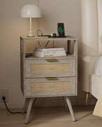 JOONEE Rattan Nightstand with Charging Station,Farmhouse Bedside Table with 2 Storage Drawer and Open Wood Shelf, for Bedroom and Small Spaces,Night Stand with Solid Wood Legs (Grey Oak-Outlet) - color: Grey Oak-outlet