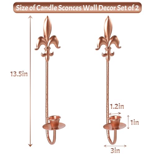 Rose Gold Metal Candle Sconces Wall Decor Set of 2 - Elegant Fleur De Lis Wall Mounted Candle Holders, 13.5" Vintage Decorative Candle Holder for Home Decor, Wedding, Dining Room, Bedroom - color: Rose Gold