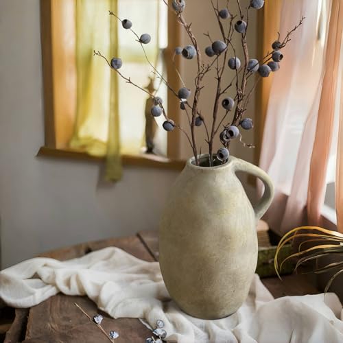 10.3 Inch Rustic Ceramic Handmade Pottery Vase with Handle, White Grey Vintage Farmhouse Vase for Home Decor, Farmhouse Flower Vase for Living Room, Kitchen, Thanksgiving Centerpiece - color: White Gray