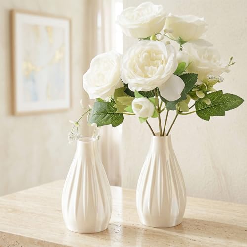 Shatterproof Small Bud Vases for Centerpieces - 2-Piece Waterproof & Weighted Mini Flower Vases (5.1" H) with White Peonies - Modern Table Decor for Weddings Parties & Events - color: With White Peonies