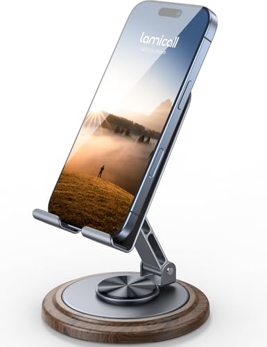 Lamicall Grey Phone Holder, Desk Accessories for Men - Gifts for Mothers Day for Teens, Boys, Girls, Adults & Men Simulated Wood Grain Cell Phone Holder, Office Decor, 4-10” Phones, iPad mini - color: Grey