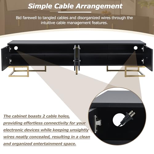 ON-TREND Modern TV Stand with Metal Legs and Gold Handles for TVs Up to 80'', Media Console Table with Cabinets and Adjustable Shelves, Luxury TV Cabinet with Geometric Lines for Living Room, Black - color: Black+gold1