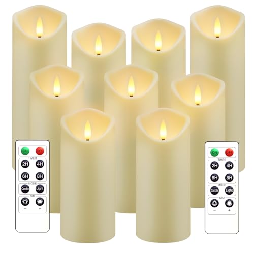 kakoya Flickering Flameless Candles, Battery Operated Acrylic LED Pillar Candles with Remote Control and Timer,Set of 9 (Ivory) - color: Ivory-9