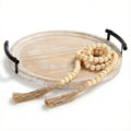 13" Round Decorative Wood Tray with Handles, Whitewashed Farmhouse Coffee Table Decor for Living Room, Entryway & Kitchen Island, Includes Bead Garland, Giftable Home Decor