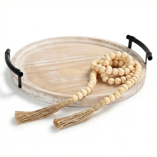 13" Round Decorative Wood Tray with Handles, Whitewashed Farmhouse Coffee Table Decor for Living Room, Entryway & Kitchen Island, Includes Bead Garland, Giftable Home Decor