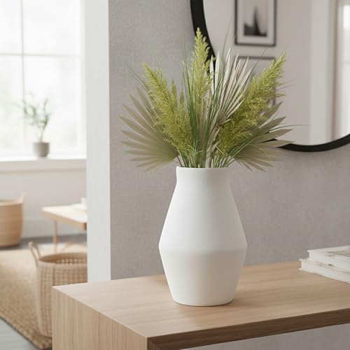 1pcs. White Vase for Home Decor Table, Living Room, Entryway Ceramic Geometric Wide-Mouth for Flowers Textured Matte Unglazed Pottery - White Height 9.41 in/Width 6.1 in/Opening 3.66 in - color: White, size: 10 inch