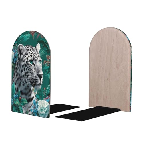 Wild Jungle Snow Leopard On Dark Green Luxury Bookends for Shelves 2 Pcs Wooden Book Stopper Organizer for Home Office Libraries