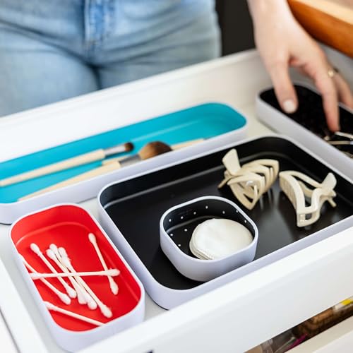 Three by Three Seattle 5 Piece Metal Organizer Tray Set for Storing Makeup, Stationery, Utensils, and More in Office Desk, Kitchen and Bathroom Drawers (1 Inch, Blue Black Red and Dots) - color: Blue, Black, Red, Dots, size: 5 Piece