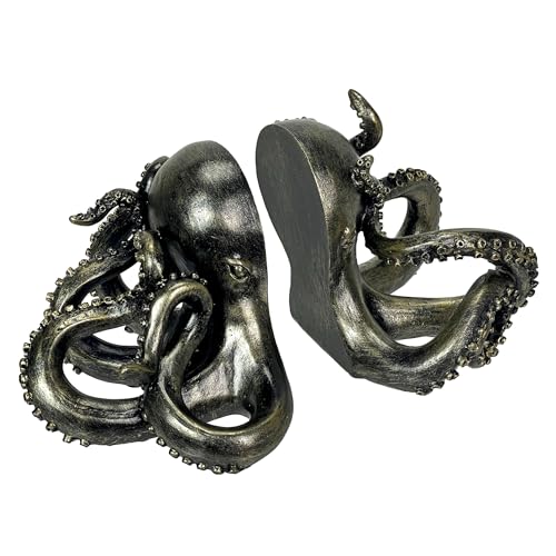 Bronze Octopus Bookends Set of 2 – Nautical Coastal Polyresin Sculptures for Bookshelves, Office, Bedroom, Library – Distressed Painted Finish, Ocean Animal Decor, Unique Gift, Felt Pad Feet - color: Octopus - Bronze
