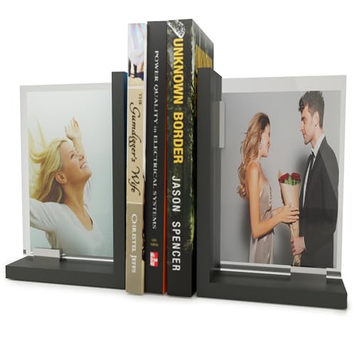 Heavy-Duty Bookends - Set of 2 Decorative Non-Slip Modern Design Book Holder, Crafted Out of Heavy Duty Materials with an Acrylic Picture Display by shoppingaisles® (Black) - color: Black