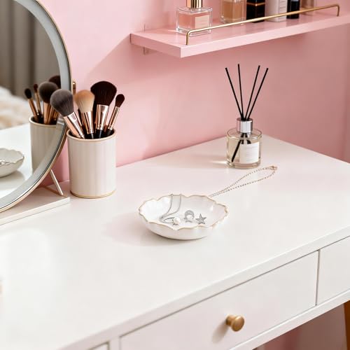 HOME SMILE Ring Jewelry Dish Pastel White Ruffled Ceramic|Trinket Tray for Earrings, Necklaces|Mothers Day Birthday Friendship Gifts for Women|Vanity Organizer & Bathroom Decor - color: White