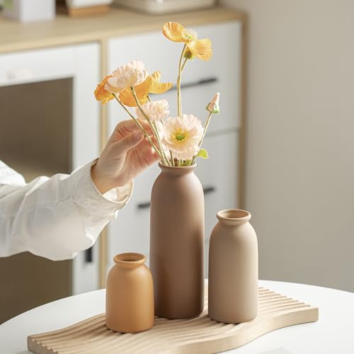 Ceramic Vase Set-3, Small Flower Vases for Decor, Modern Boho Farmhouse Style, Decorative Vases for Pampas Grass & Dried Flowers, Distressed Finish (Earth Tone) - color: Earth Tone