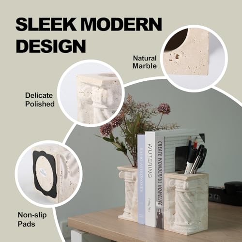 Roman Column Book Ends Decorative, 4-in-1 Heavy Duty Marble Bookend for Shelves, Unique Pen Holder & Mini Flower Vase, Classic Greek Statue for Office Home Desk Decor (2PC, Beige) - style: Classical -Beige