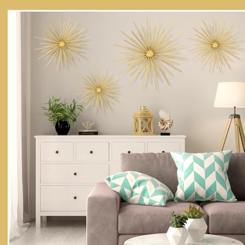 Shimeyao 4 Pcs Metal Starburst Wall Decor Gold Metal Wall Art 3D Spike Bling Finish Star Burst Hangings Accents Sculptures Set Modern Mid Century Decorations for Living Room Bedroom Entryway - color: Gold, style: Spike