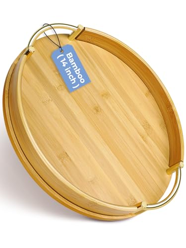 JUPELI 14″ Round Bamboo Serving Tray with Handles – Decorative Tray, Breakfast Tray, Coffee Table Tray, Ottoman Tray, Kitchen Platter for Drinks, Snacks, Vanity, Home Decor & Gifts - style: 1 PACK-Round-14"