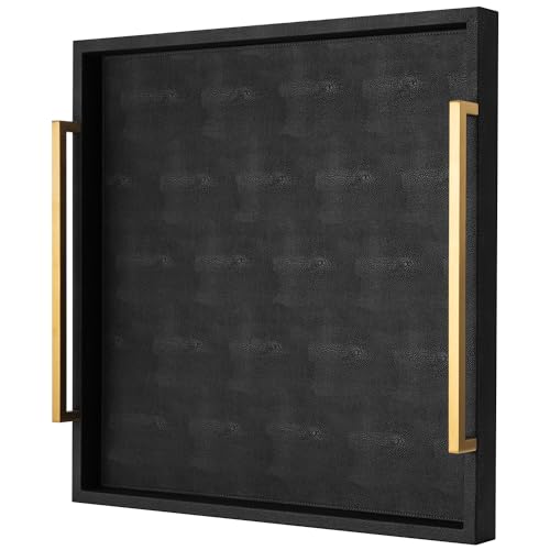 Extra Black Large Serving Tray with Handles for Ottoman,Versatile Shagreen Leather Square Ottoman Tray for Living Room - color: Black, size: 20" x 20" x 3"